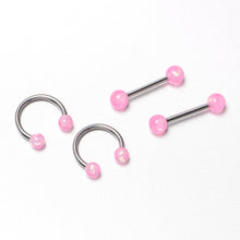 Load image into Gallery viewer, 14G 3/8 9/16 Pink Faux Opal Horseshoe Barbell Nipple Ring Set of 4