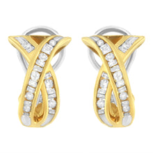 将图片加载到图库查看器,14K Yellow and White Gold 1/2 TDW "X" Shape Cross Over Diamond Hoop Earrings (I-J, I2-I3)