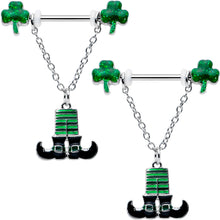 将图片加载到图库查看器,14G 11/16 Leprechaun Legs Shamrock Chain Dangle Nipple Ring Set