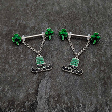 将图片加载到图库查看器,14G 11/16 Leprechaun Legs Shamrock Chain Dangle Nipple Ring Set