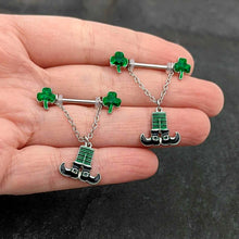 将图片加载到图库查看器,14G 11/16 Leprechaun Legs Shamrock Chain Dangle Nipple Ring Set