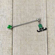 Load image into Gallery viewer, 14G Leprechaun Legs Shamrock Dangle Industrial Barbell 38mm
