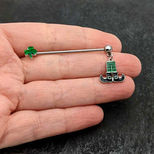 Load image into Gallery viewer, 14G Leprechaun Legs Shamrock Dangle Industrial Barbell 38mm
