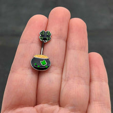 Load image into Gallery viewer, Green Gem Shamrock Pot Of Gold Black Double Mount Belly Ring
