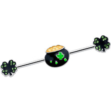 Load image into Gallery viewer, 14G Green Gem Shamrock Pot of Gold Industrial Barbell 38mm