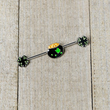 Load image into Gallery viewer, 14G Green Gem Shamrock Pot of Gold Industrial Barbell 38mm