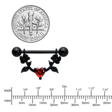 Load image into Gallery viewer, 14G 11/16 Red CZ Gem Black Heart Flower Dangle Nipple Ring Set