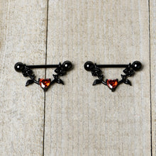 Load image into Gallery viewer, 14G 11/16 Red CZ Gem Black Heart Flower Dangle Nipple Ring Set
