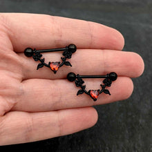 Load image into Gallery viewer, 14G 11/16 Red CZ Gem Black Heart Flower Dangle Nipple Ring Set