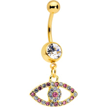 将图片加载到图库查看器,Pink Clear Gem Gold Tone Wide Eye Dangle Belly Ring