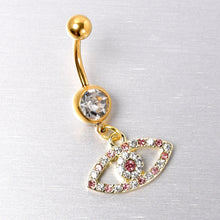 将图片加载到图库查看器,Pink Clear Gem Gold Tone Wide Eye Dangle Belly Ring