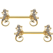 Load image into Gallery viewer, 14G 9/16 Clear Gem Gold Hue Luscious Lizard Barbell Nipple Ring Set