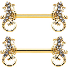 Load image into Gallery viewer, 14G 9/16 Clear Gem Gold Hue Luscious Lizard Barbell Nipple Ring Set