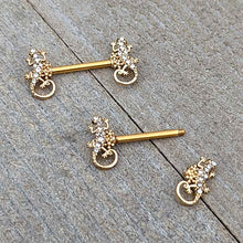 Load image into Gallery viewer, 14G 9/16 Clear Gem Gold Hue Luscious Lizard Barbell Nipple Ring Set