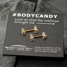 Load image into Gallery viewer, 14G 9/16 Clear Gem Gold Hue Luscious Lizard Barbell Nipple Ring Set