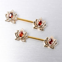Load image into Gallery viewer, 14G 9/16 Red Gem Gold Tone Royal Lotus Barbell Nipple Ring Set