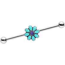 将图片加载到图库查看器,14G Blue Faux Opal Flower Teal Petals Industrial Barbell 38mm