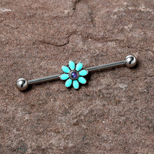 将图片加载到图库查看器,14G Blue Faux Opal Flower Teal Petals Industrial Barbell 38mm