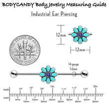 将图片加载到图库查看器,14G Blue Faux Opal Flower Teal Petals Industrial Barbell 38mm