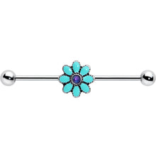 将图片加载到图库查看器,14G Blue Faux Opal Flower Teal Petals Industrial Barbell 38mm