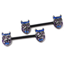 将图片加载到图库查看器,14G 9/16 Purple Blue Gem Black Opulent Owl Barbell Nipple Ring Set