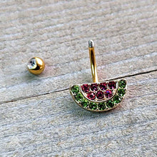 Load image into Gallery viewer, Pink Green Gem Gold Tone Watermelon Yum Belly Ring
