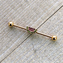 Load image into Gallery viewer, 14G Pink Green Gem Gold Hue Watermelon Yum Industrial Barbell 38mm