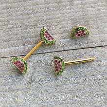 Load image into Gallery viewer, 14G 9/16 Pink Gem Gold Hue Watermelon Yum Barbell Nipple Ring Set