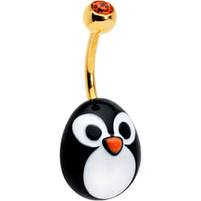 Load image into Gallery viewer, Red Gem Gold Tone Round Face Penguin Holiday Winter Belly Ring