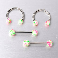 将图片加载到图库查看器,14G 9/16 1/2 Splatter Green Pink Barbell Horseshoe Nipple Ring Set of 4