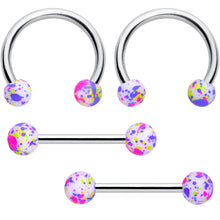 Load image into Gallery viewer, 14G 9/16 1/2 Splatter Green Purple Barbell Horseshoe Nipple Ring Set of 4