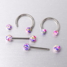 Load image into Gallery viewer, 14G 9/16 1/2 Splatter Green Purple Barbell Horseshoe Nipple Ring Set of 4