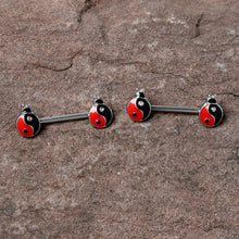 Load image into Gallery viewer, 14G 9/16 Clear Gem Ladybug Yin Yang Barbell Nipple Ring Set