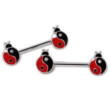 Load image into Gallery viewer, 14G 9/16 Clear Gem Ladybug Yin Yang Barbell Nipple Ring Set