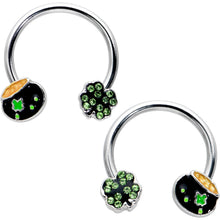 Load image into Gallery viewer, 14G 9/16 Green Gem Shamrock Pot of Gold Horseshoe Nipple Ring Set