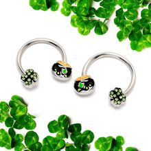 Load image into Gallery viewer, 14G 9/16 Green Gem Shamrock Pot of Gold Horseshoe Nipple Ring Set