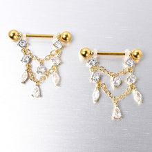 将图片加载到图库查看器,14G 9/16 Clear Gem Gold Tone Double Chain Dangle Nipple Ring Set