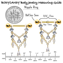 将图片加载到图库查看器,14G 9/16 Clear Gem Gold Tone Double Chain Dangle Nipple Ring Set