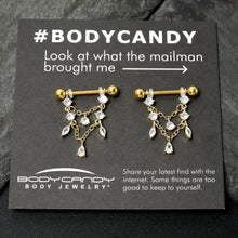 将图片加载到图库查看器,14G 9/16 Clear Gem Gold Tone Double Chain Dangle Nipple Ring Set