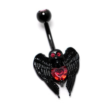 Load image into Gallery viewer, Red CZ Gem Black Heart Winged Skull Gothic Belly Ring