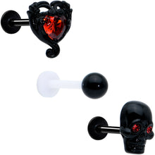将图片加载到图库查看器,16G 5/16 Red CZ Gem Black Skull Passion Heart Labret Tragus Curation Set of 3