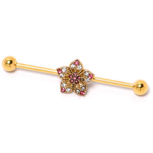 Load image into Gallery viewer, 14G Clear Pink Gem Gold Tone Texture Star Industrial Barbell 38mm