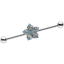 Load image into Gallery viewer, 14G Blue Clear Gem Opulent Flower Industrial Barbell 38mm