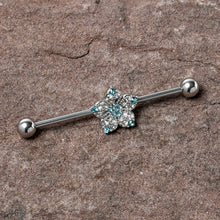 Load image into Gallery viewer, 14G Blue Clear Gem Opulent Flower Industrial Barbell 38mm
