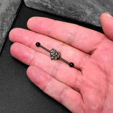 将图片加载到图库查看器,14G Clear Red CZ Gem Black Heart Floral Industrial Barbell 38mm