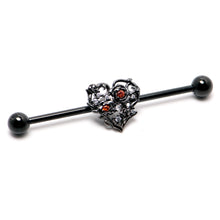 将图片加载到图库查看器,14G Clear Red CZ Gem Black Heart Floral Industrial Barbell 38mm