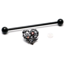 将图片加载到图库查看器,14G Clear Red CZ Gem Black Heart Floral Industrial Barbell 38mm