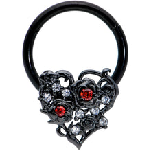 将图片加载到图库查看器,16G 3/8 Clear Red CZ Gem Black Heart Floral Hinged Segment Ring