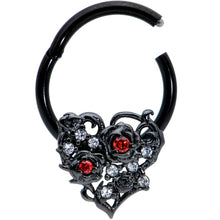 将图片加载到图库查看器,16G 3/8 Clear Red CZ Gem Black Heart Floral Hinged Segment Ring