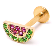 Load image into Gallery viewer, 16G 5/16 Pink Green Gem Gold Tone Watermelon Labret Monroe Tragus